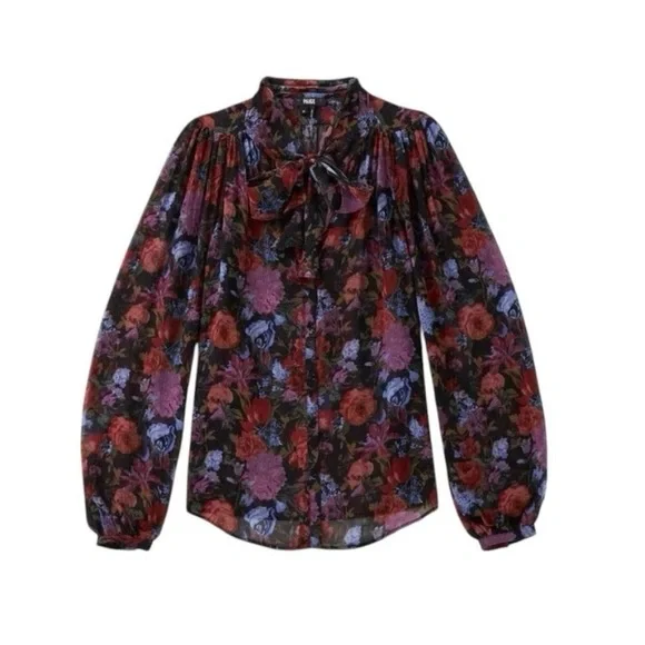 💫HP‼️💫 100% SILK NWT PAIGE Elynne Floral Blouse w/ Neck Tie in Black, Size XXS - Picture 4 of 8